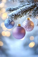 close-up of pastel purple and blue christmas ornaments hanging from snow-covered pine branches, set against the backdrop of soft bokeh lights, vertical photo, holiday atmosphere