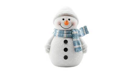 Cheerful white snowman figure with blue scarf smiles against black. Perfect for holiday-themed designs, cards, or social media posts.