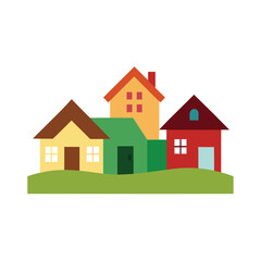 Simple Village Houses Flat Color Scene Clean Rural Neighborhood Minimal Art Line Art Vector illustration