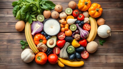 Fresh healthy foods arranged in a heart shape on a rustic wooden surface.