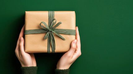 Christmas eco friendly sustainable green energy gift wrapped in brown paper with green string held by hands on green background
