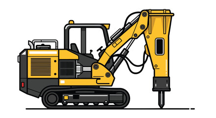 Vibrant Yellow Hydraulic Breaker Excavator on Tracks - Heavy Demolition Equipment Vector Illustration