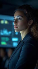 A focused professional woman stands in a high tech control room, intently observing data on glowing screens.