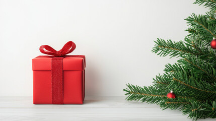 Christmas eco friendly gift with sustainable green energy theme, red present box and fir tree branch on white wooden table, joyful holiday concept
