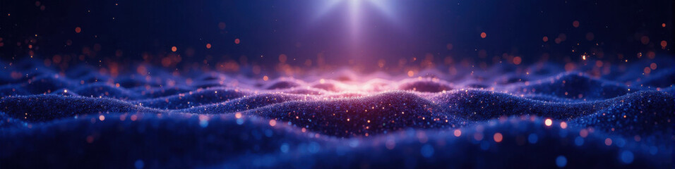 Banner, Quantum mist rises into glittering golden clusters, shining light bursts above. Represents concept of 5g and 6g networks, global data transmission, and advanced technology.