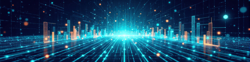 Banner, Abstract cityscape glows with cyan light and amber accents on a dark background, representing futuristic technology and seamless gradients. Image to illustrate 5g or 6g internet networks,