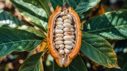 Natural cacao pod opened to show seeds resting on glossy tropical leaves &mdash; striking cocoa agriculture visual for chocolate production, organic farming, and editorial design.