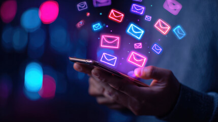 Email marketing concept with smartphone and glowing envelopes