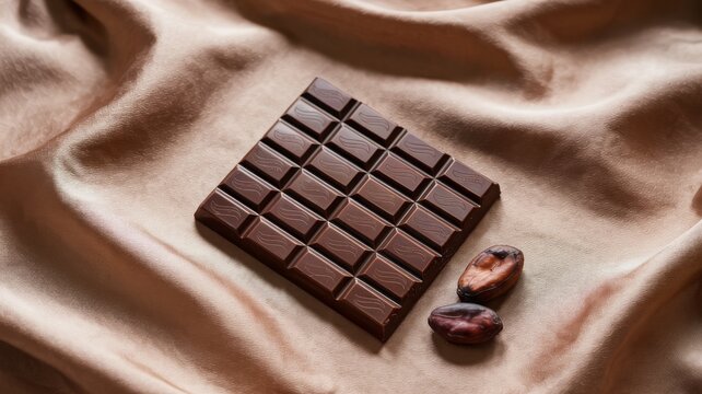 Minimalist chocolate moment with segmented bar and raw beans — soft fabric backdrop, food texture, and symbolic editorial tone for origin branding, culinary illustration, and transformation messaging.