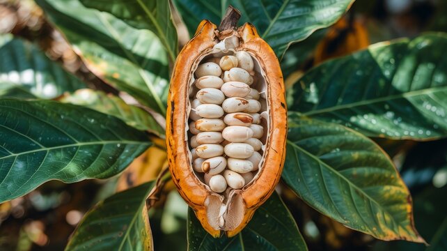 Natural cacao pod opened to show seeds resting on glossy tropical leaves — striking cocoa agriculture visual for chocolate production, organic farming, and editorial design.