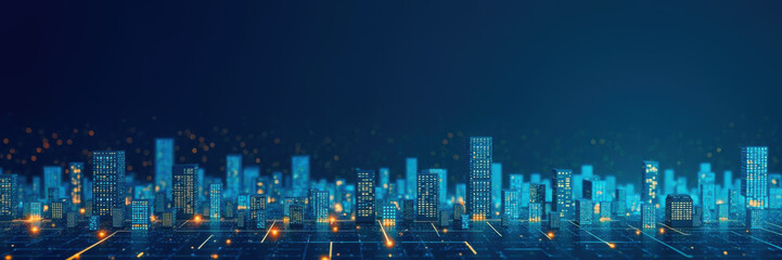 Banner, Stylized cityscape glows with amber accents against midnight blue. Seamless gradients suggest futuristic urban development and next generation 5g and 6g mobile networks.