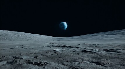 Epic lunar landscape with distant blue Earth in dramatic cinematic light