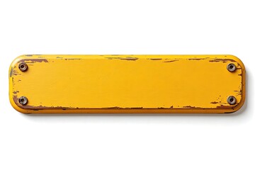 Old yellow wooden name plate with weathered metal rivets isolated on white background	