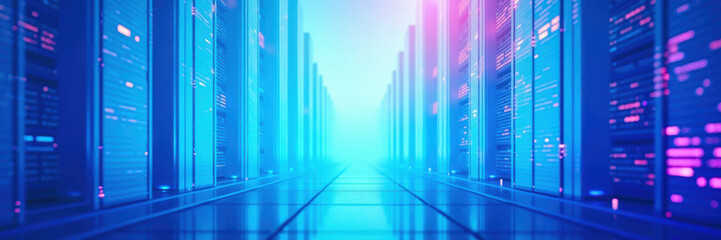 Banner Azure data center corridor with violet and cyan beams creates a futuristic high bit environment, reflecting global network infrastructure and digital advancement.
