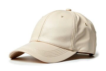 Fototapeta premium Leather baseball cap in cream color isolated on white background
