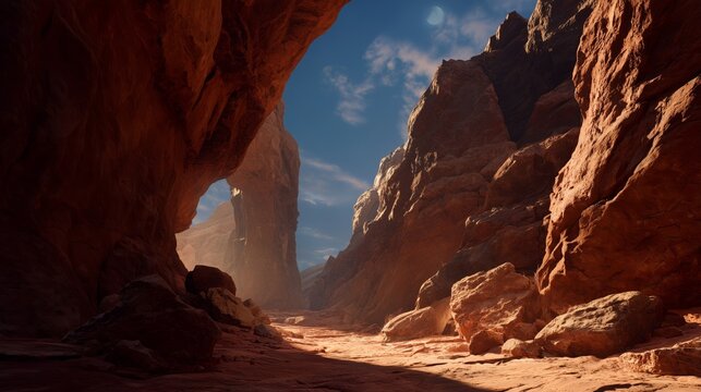 Photoreal desert gothic canyon with lantern light and dramatic night atmosphere