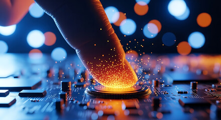 Digital Touch Fingerprint Activation on a Futuristic Circuit Board with Bokeh Lights