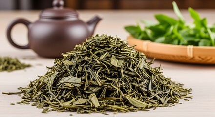Pile of dried green tea leaves with teapot and fresh mint