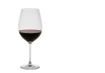 Classic crystal wine glass with rich red wine, smooth surface, elegant highlights, against a pristine transparent background with copy space. Concept for beverage advertising