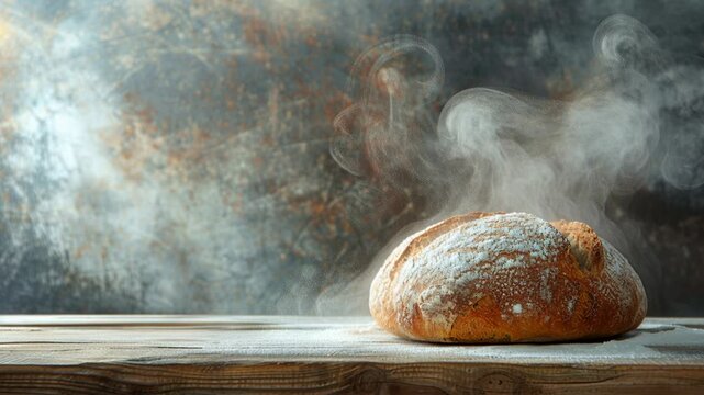 freshly baked artisanal loaf sits on neutral wall, golden crust dusted with flour, soft lighting evokes warm, inviting atmosphere for food blogs and marketing, culinary delight, comforting, rustic