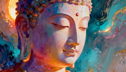 Colorful painting of buddha with closed eyes and a red dot on the forehead in a serene pose
