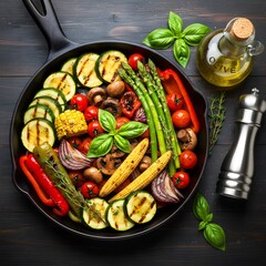 delicious grilled vegetables in cast iron skillet, top view