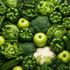  vibrant green vegetable and fruit assortment flat lay