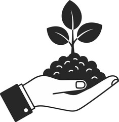 A businessman's hand holds a plant seedling in soil. This icon symbolizes business growth, investment, and new opportunities
