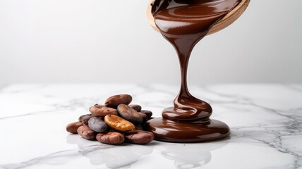 Rich liquid chocolate flowing onto veined marble slab with scattered cacao beans — premium chocolate ingredient concept for organic food, gourmet branding, and