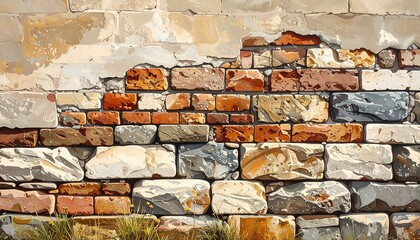 Old Multicolored Brick Wall.