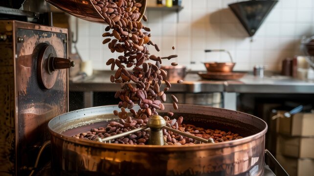 Close-up of cacao beans mid-air entering a large roaster in an industrial kitchen environment &mdash; authentic chocolate making moment ideal for food photography, editorial content, and agriculture visuals