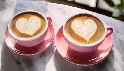 two pink cups of aromatic cappuccino with heart shaped latte art on a sunny marble table