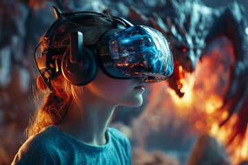 Focused person using high-tech vr headset in neon futuristic space, digital scanning interface, generative AI