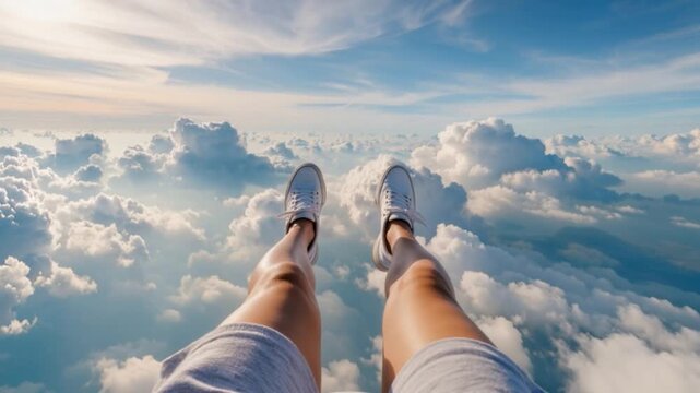 POV of a person's legs in sneakers hanging or falling in the sky above clouds, surreal first-person view of flying and freedom concept, dreamlike atmosphere