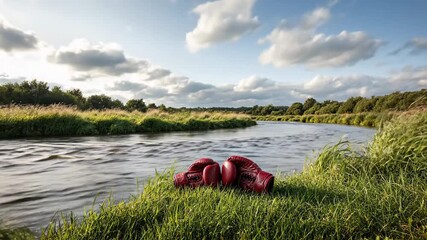 A pair of red leather boxing gloves rests gently on the lush green grass along the bank of a flowing river. This conceptual scene symbolizes retirement, ending a career, or taking a peaceful break fro