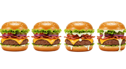 Four gourmet hamburgers, one with crispy bacon, two with creamy white sauce, on a seamless transparent background with copy space, perfect high-end food photography for an appetizing ad campaign