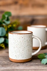 Ceramic speckled mug on a rustic wooden table with greenery in the background