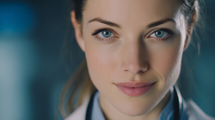 Close up portrait of a confident female doctor with striking blue eyes