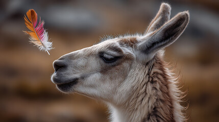 Obraz premium A llama head with a single colorful feather