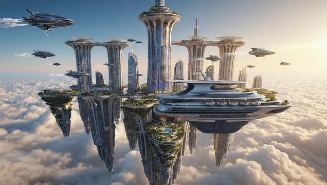 Dynamic futuristic city soaring above clouds with sleek flying vehicles offers a glimpse into an advanced technological world utopia