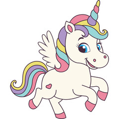 Cute cartoon baby pegasus unicorn with rainbow mane and tail pastel colors in a playful pose with wings spread isolated on white background