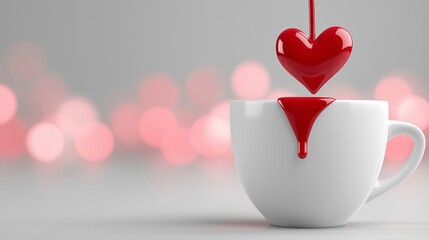 Coffee cup with a red drop forming a heart shape, symbolizing fragile emotions and love, set against a soft bokeh background