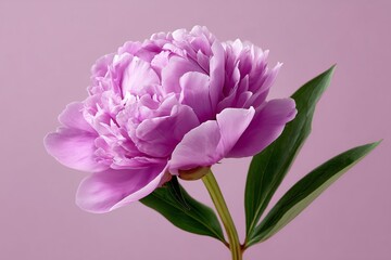 Obraz premium Holographic peony bloom glowing softly against a light lilac background, showcasing vibrant petals and lush green leaves, perfect for floral design
