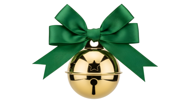 Shiny golden jingle bell with cut out star shapes and green ribbon bow isolated on a transparent background