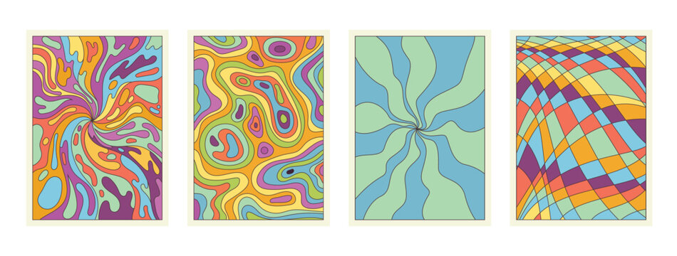 Groovy cartoon psychedelic patterns set. Radial surreal rays and funky colorful checkerboard texture, crazy wavy blobs and swirls in boho backgrounds collection of 70s 80s style vector illustration