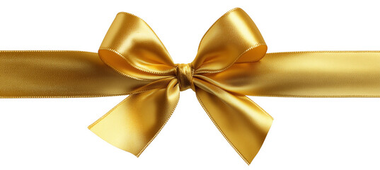 Golden satin ribbon bow tied neatly across a horizontal ribbon on a plain background.