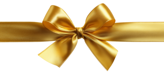 Golden satin ribbon bow tied neatly across a horizontal ribbon on a plain background.