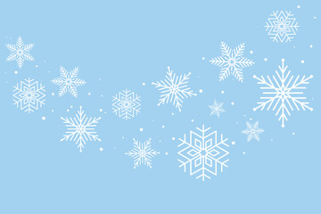 Gentle white snowflakes on light blue background. Winter snow effect for Christmas and New Year design projects. Festive falling snow vector illustration for holiday decoration