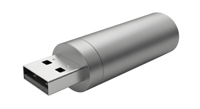 Silver cylindrical U S B flash drive with metallic finish and U S B connector isolated on a transparent background
