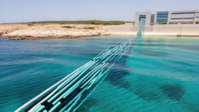 Seawater desalination plant with pipes in ocean